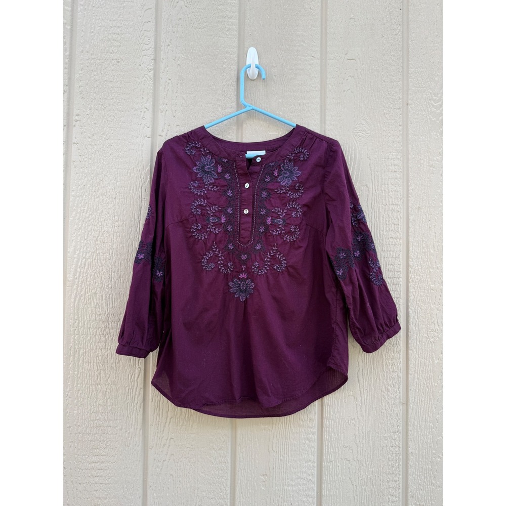 J. Jill Size S Cotton Tunic Boho Embroidered Purple Floral Henley Top
